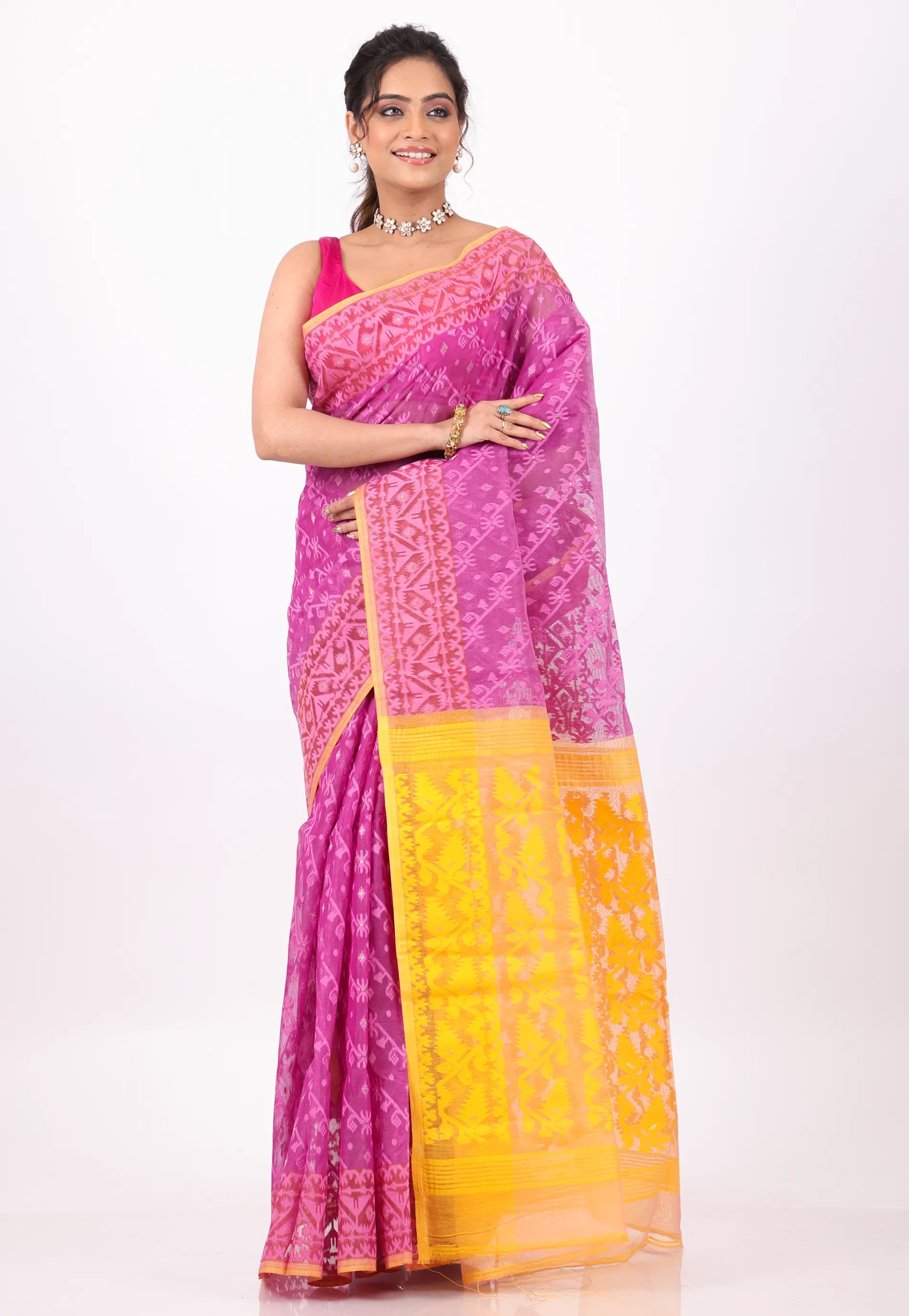 Rani Pink Dhakai Jamdani Cotton Saree without Blouse Piece - Adi Akshoy & Co.