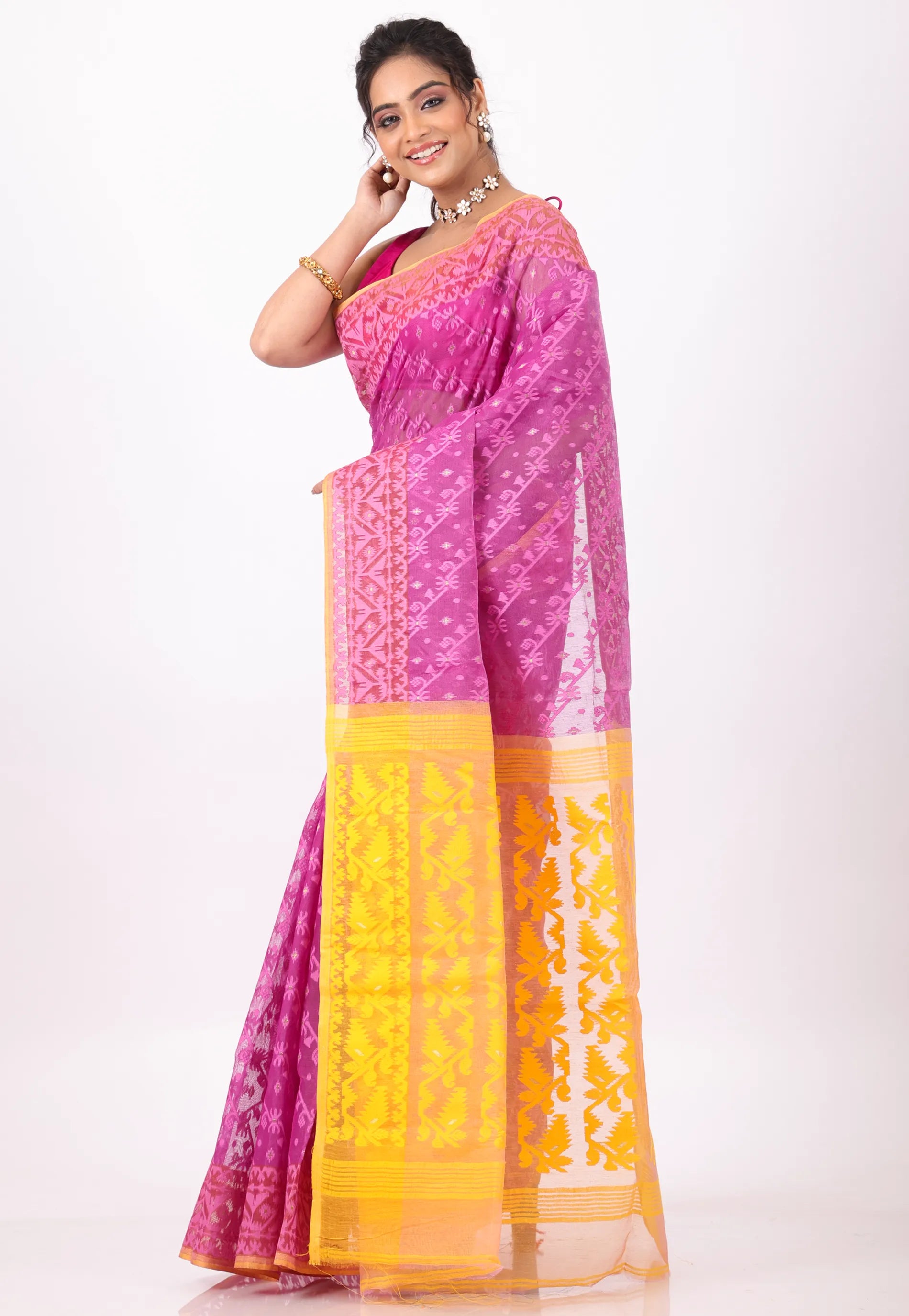 Rani Pink Dhakai Jamdani Cotton Saree without Blouse Piece - Adi Akshoy & Co.