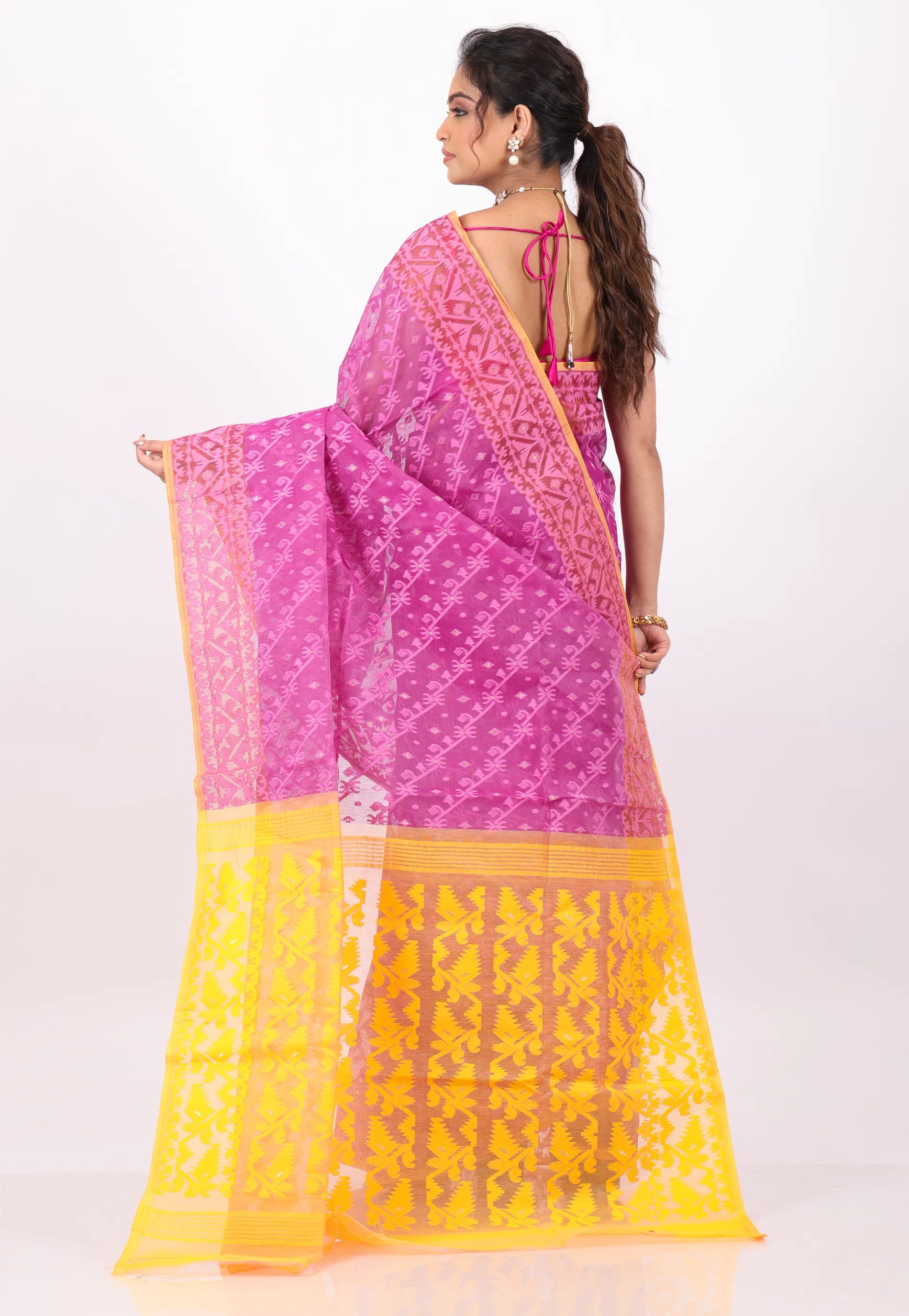 Rani Pink Dhakai Jamdani Cotton Saree without Blouse Piece - Adi Akshoy & Co.