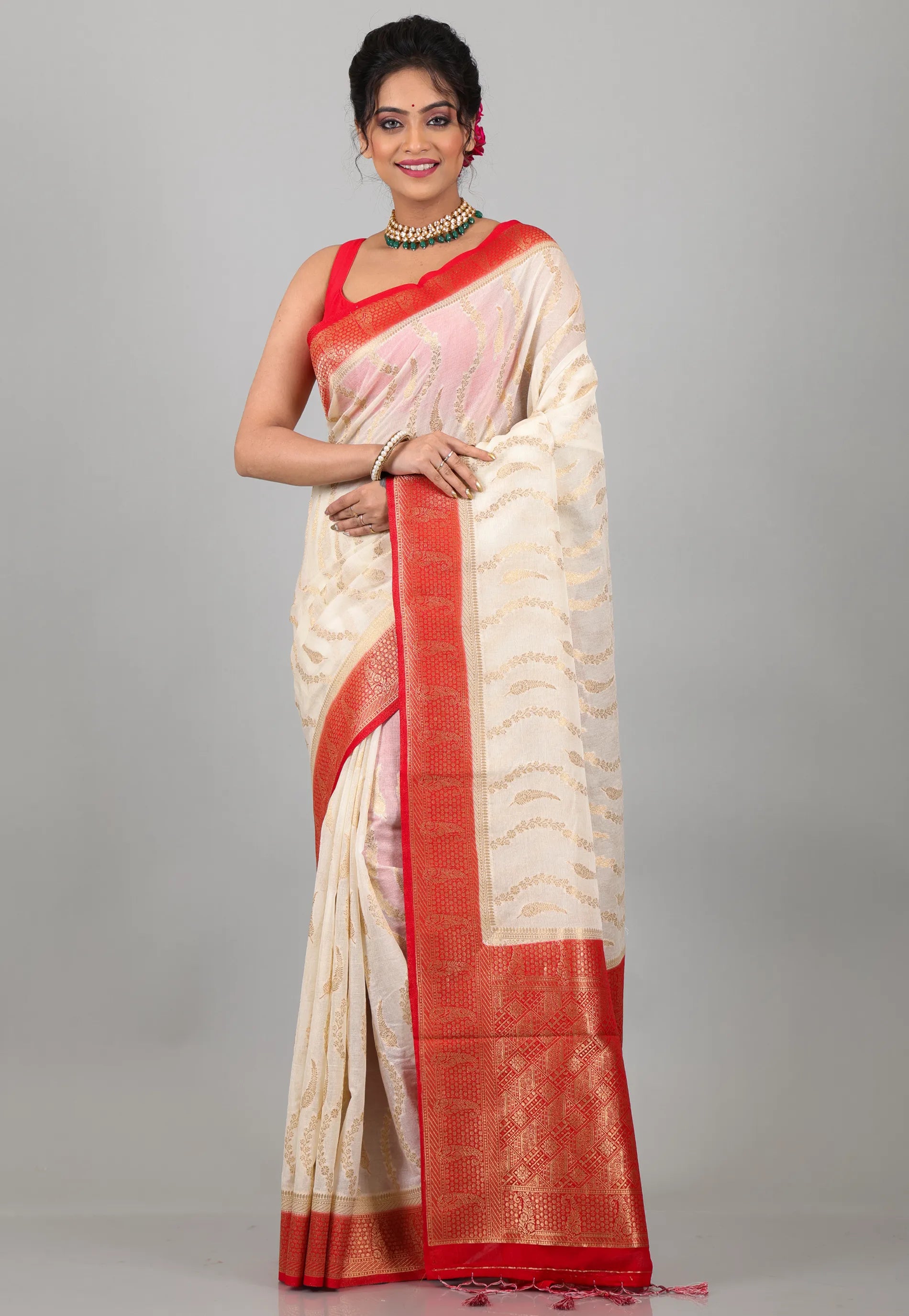 Off White with Red Border Tussar Silk with Blouse Piece - Adi Akshoy & Co.