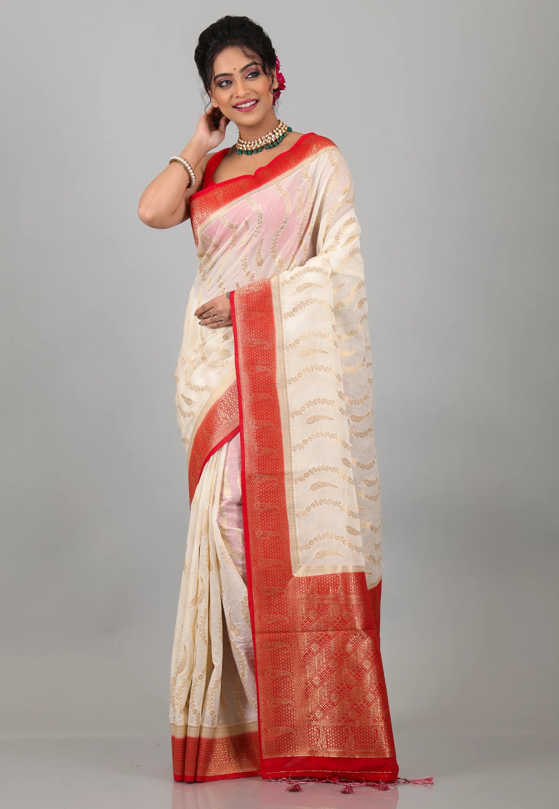 Off White with Red Border Tussar Silk with Blouse Piece - Adi Akshoy & Co.