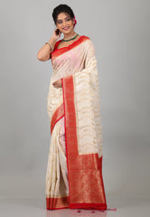 Off White with Red Border Tussar Silk with Blouse Piece - Adi Akshoy & Co.