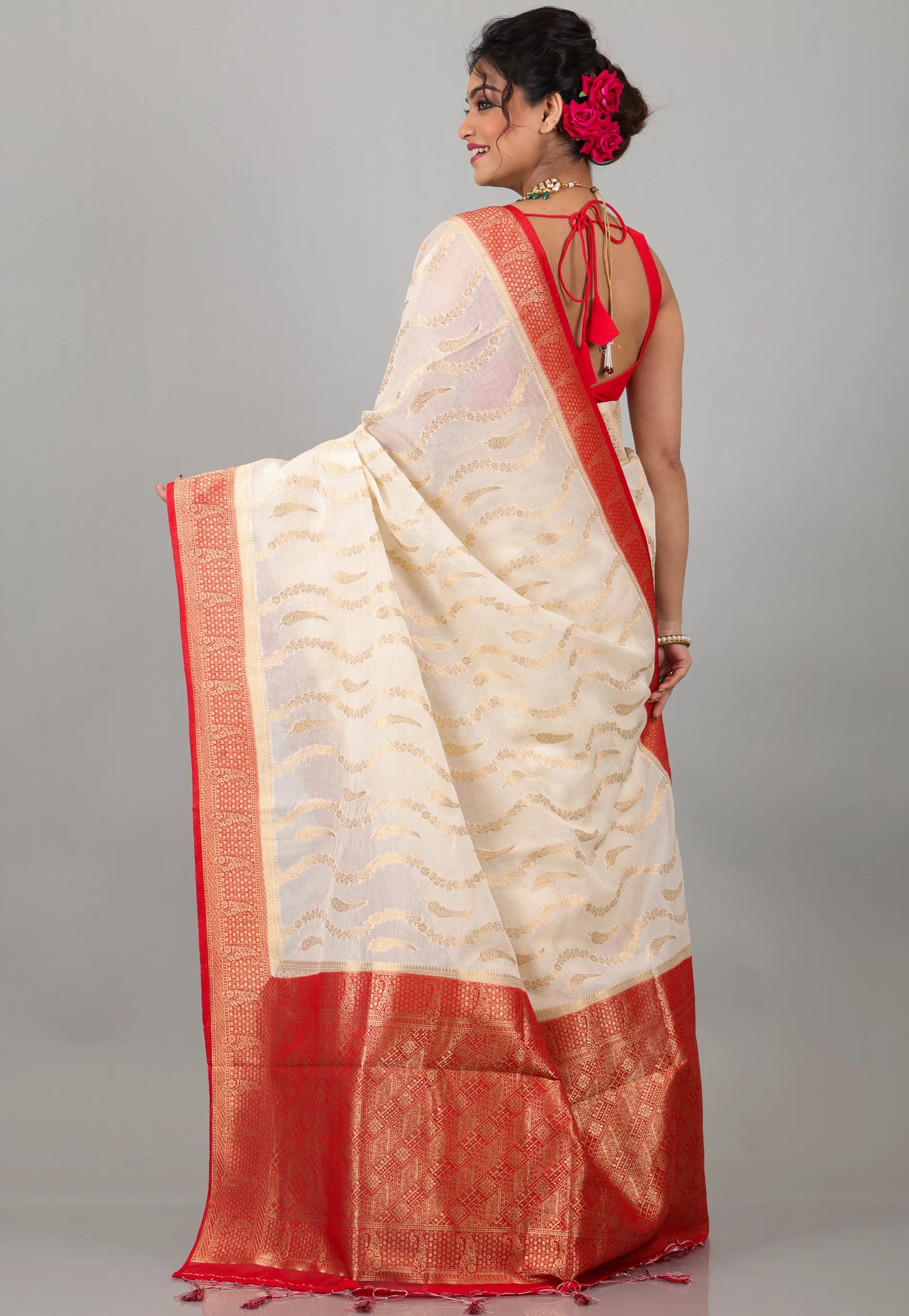 Off White with Red Border Tussar Silk with Blouse Piece - Adi Akshoy & Co.