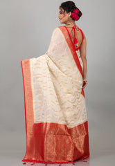 Off White with Red Border Tussar Silk with Blouse Piece - Adi Akshoy & Co.