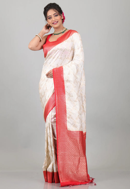 Off White with Red Border Tussar Silk with Blouse Piece - Adi Akshoy & Co.