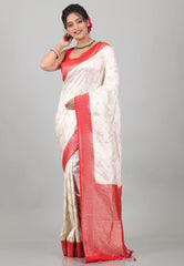 Off White with Red Border Tussar Silk with Blouse Piece - Adi Akshoy & Co.