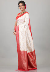 Off White with Red Border Tussar Silk with Blouse Piece - Adi Akshoy & Co.