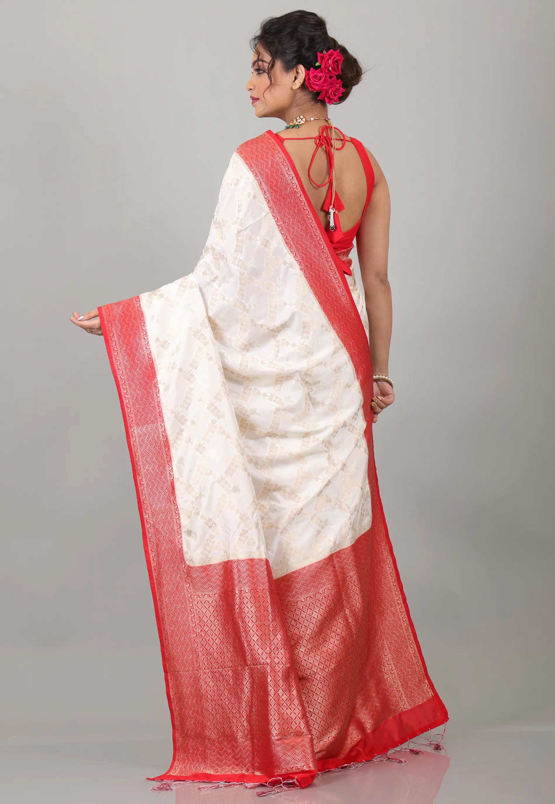 Off White with Red Border Tussar Silk with Blouse Piece - Adi Akshoy & Co.