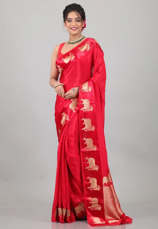 Red Mashru Silk Saree with Blouse Piece - Adi Akshoy & Co.