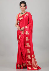 Red Mashru Silk Saree with Blouse Piece - Adi Akshoy & Co.