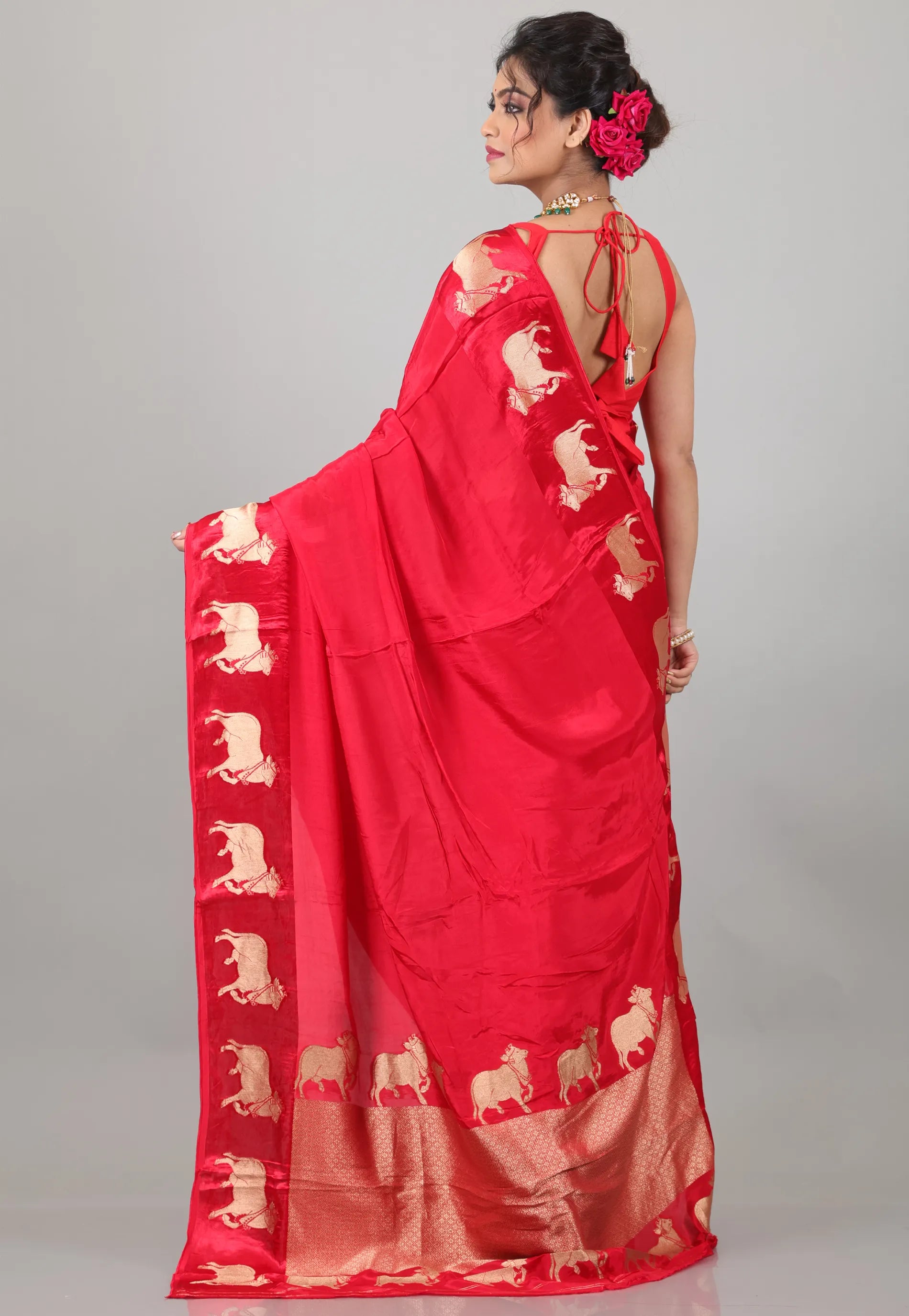 Red Mashru Silk Saree with Blouse Piece - Adi Akshoy & Co.