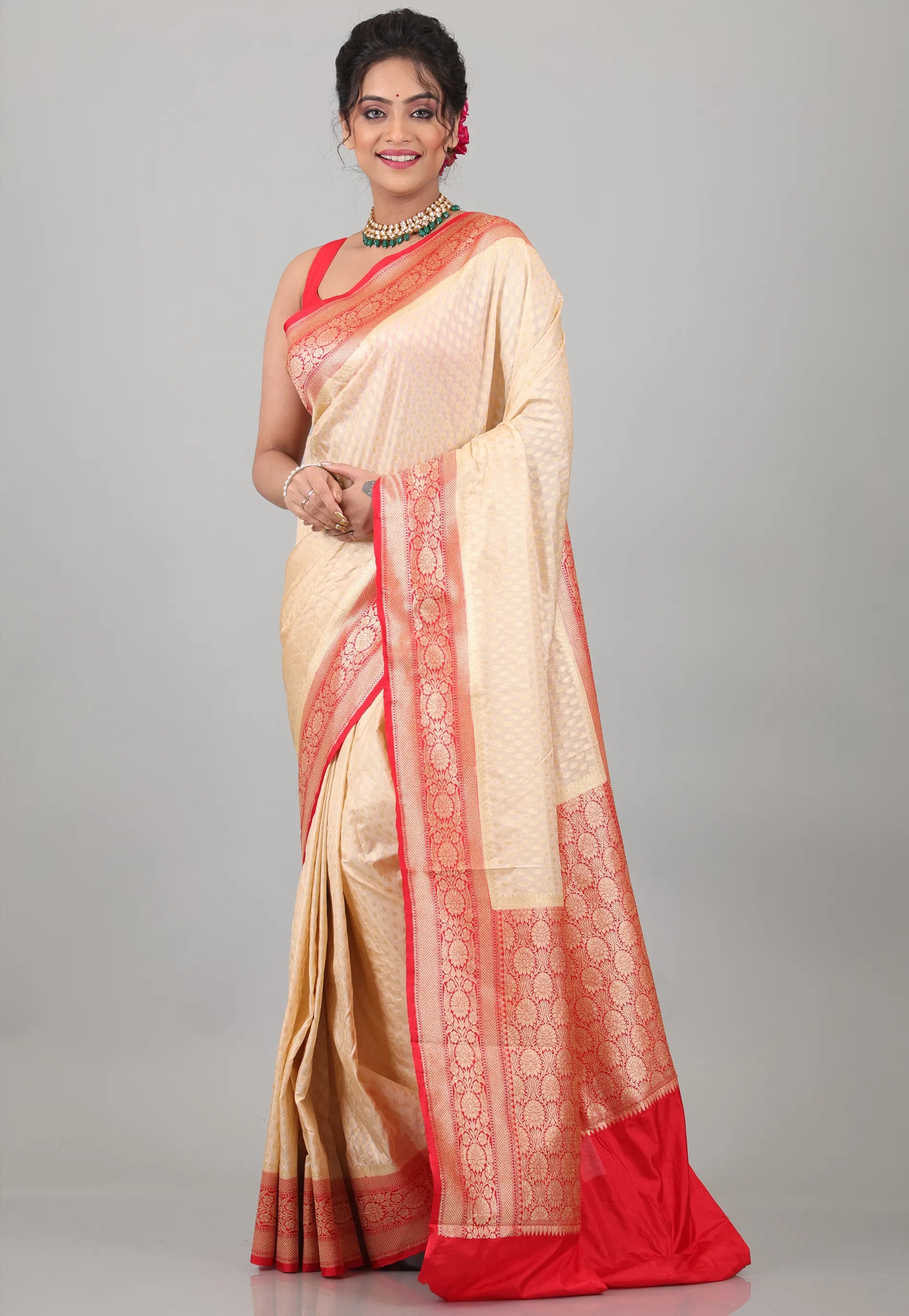 Beige with Red Border Katan Silk Saree With Blouse Piece - Adi Akshoy & Co.