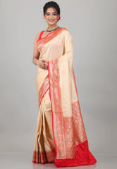 Beige with Red Border Katan Silk Saree With Blouse Piece - Adi Akshoy & Co.