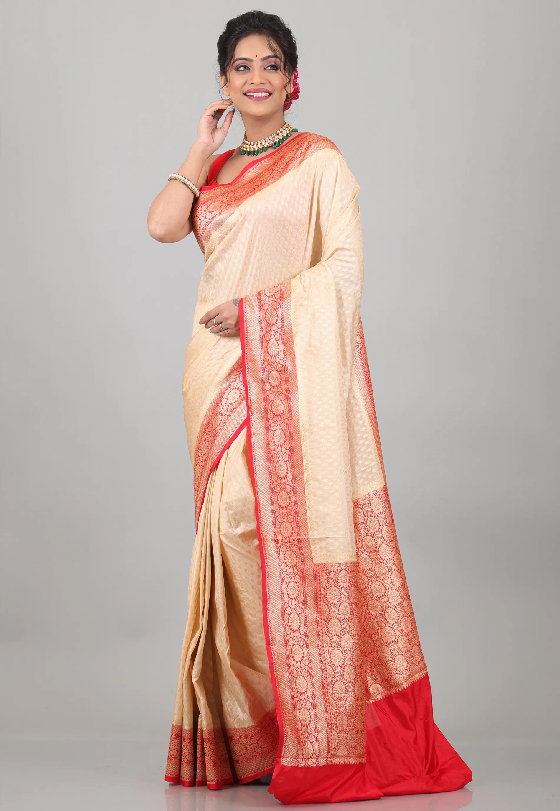 Beige with Red Border Katan Silk Saree With Blouse Piece - Adi Akshoy & Co.