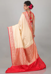 Beige with Red Border Katan Silk Saree With Blouse Piece - Adi Akshoy & Co.