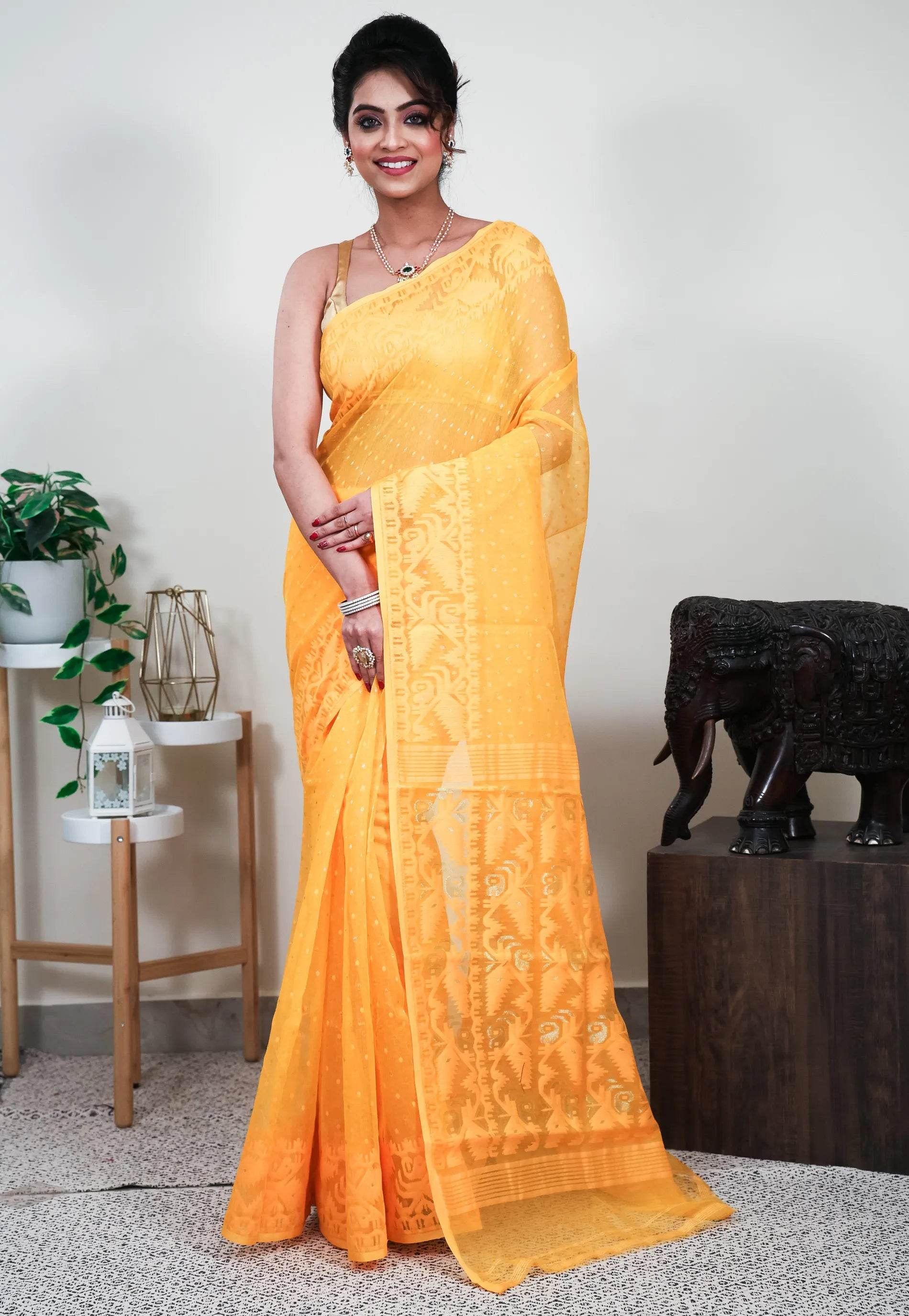 Yellow Dhakai Jamdani Cotton Saree without Blouse Piece - Adi Akshoy & Co.