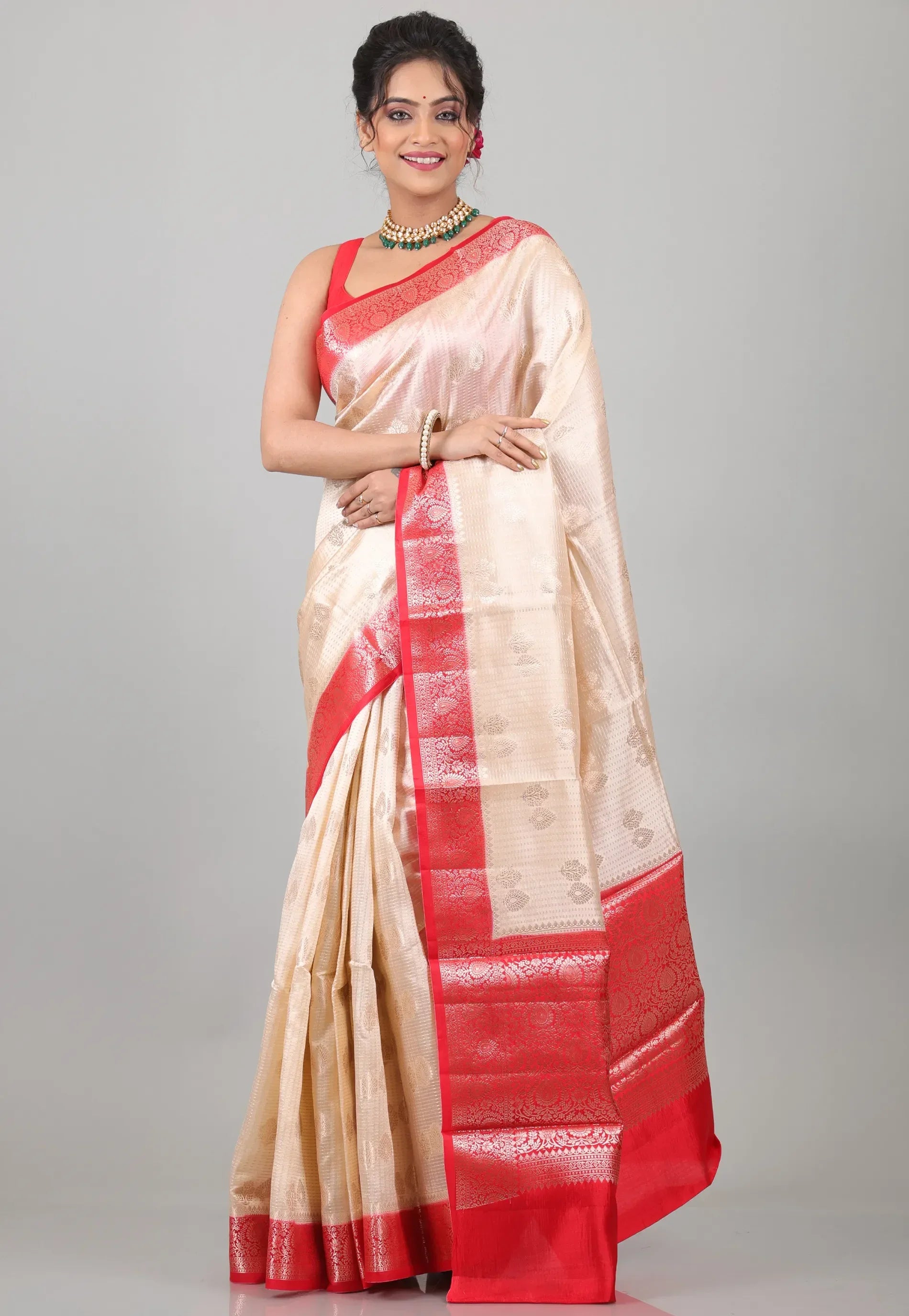 Beige with Red Border Pure Katan Silk Saree With Blouse Piece - Adi Akshoy & Co.