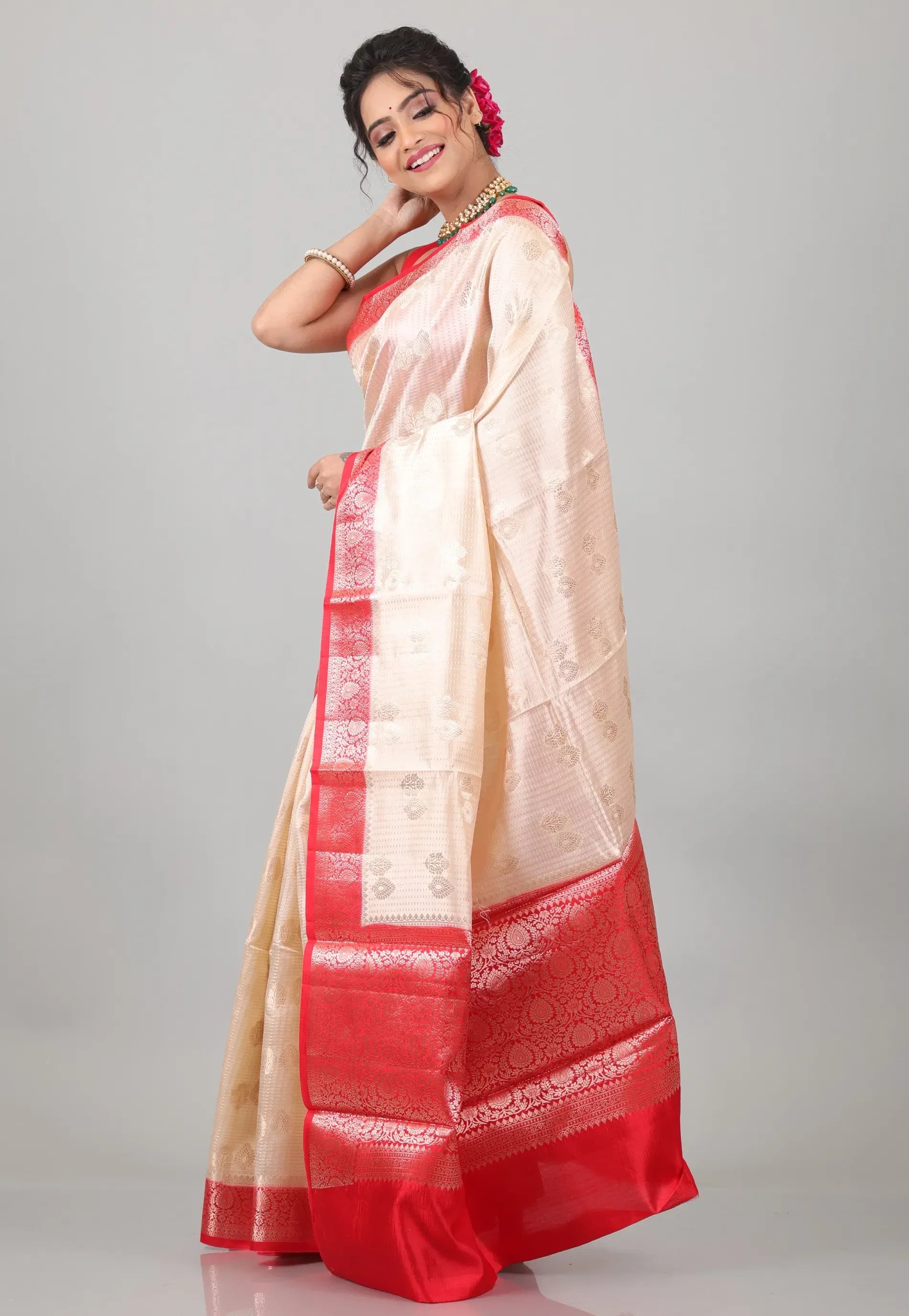 Beige with Red Border Pure Katan Silk Saree With Blouse Piece - Adi Akshoy & Co.