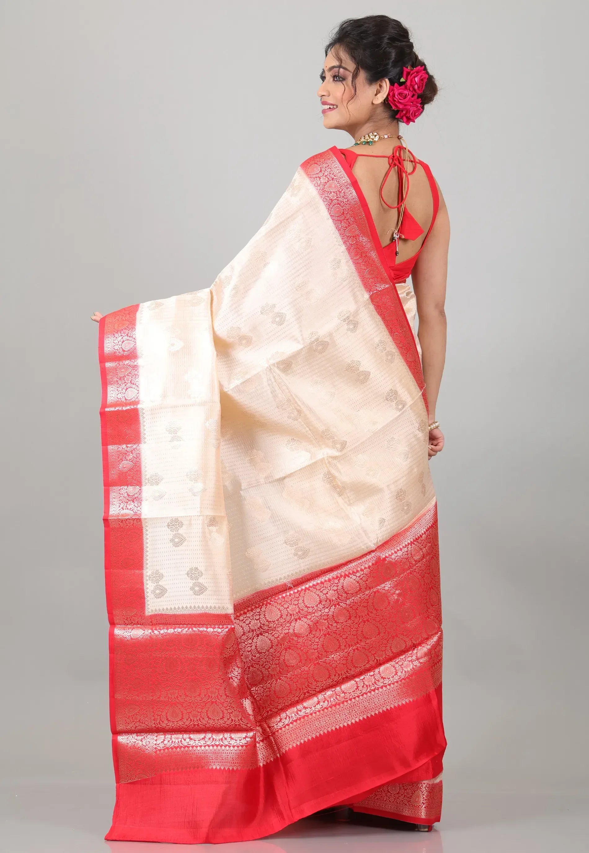 Beige with Red Border Pure Katan Silk Saree With Blouse Piece - Adi Akshoy & Co.