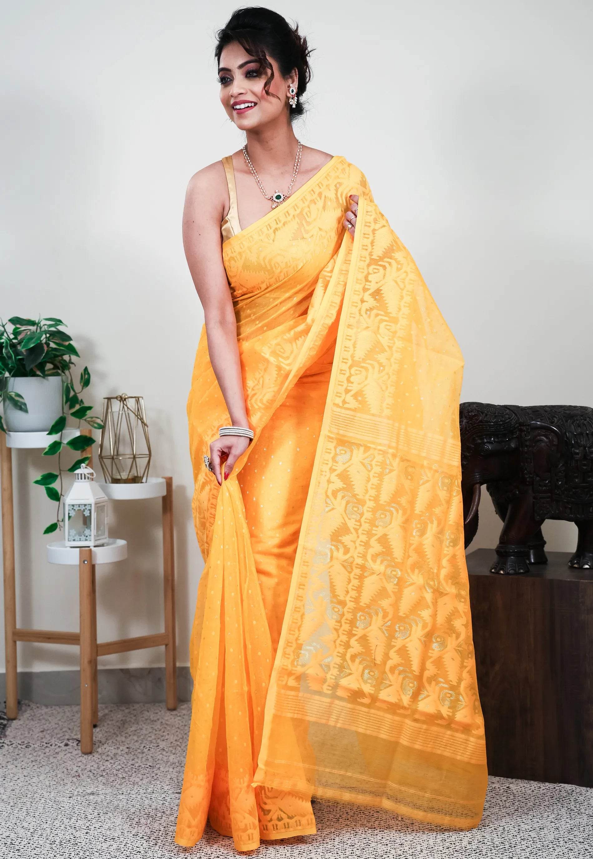 Yellow Dhakai Jamdani Cotton Saree without Blouse Piece - Adi Akshoy & Co.