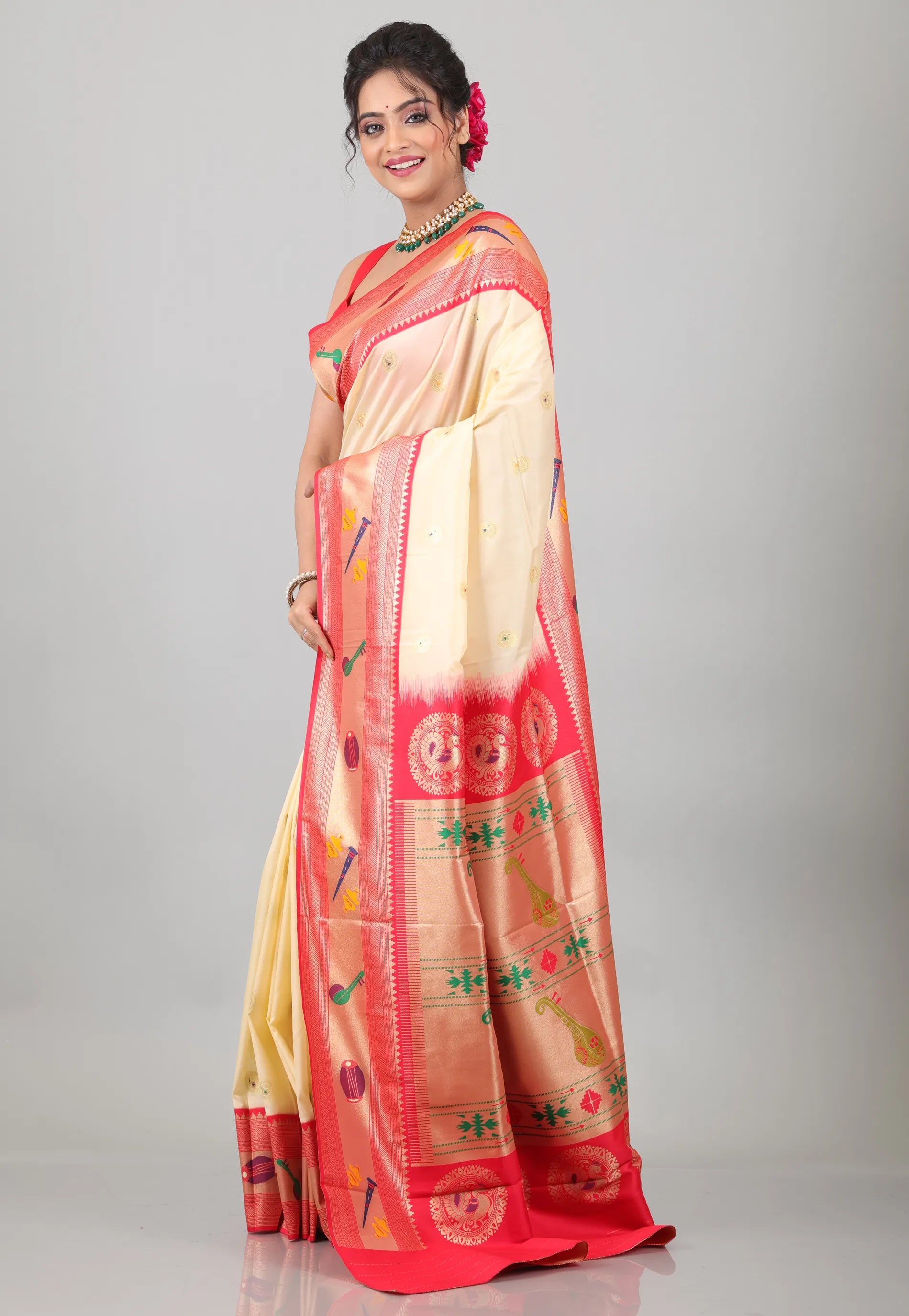 Beige with Red Resham Zari work Katan Silk Saree With Blouse Piece - Adi Akshoy & Co.