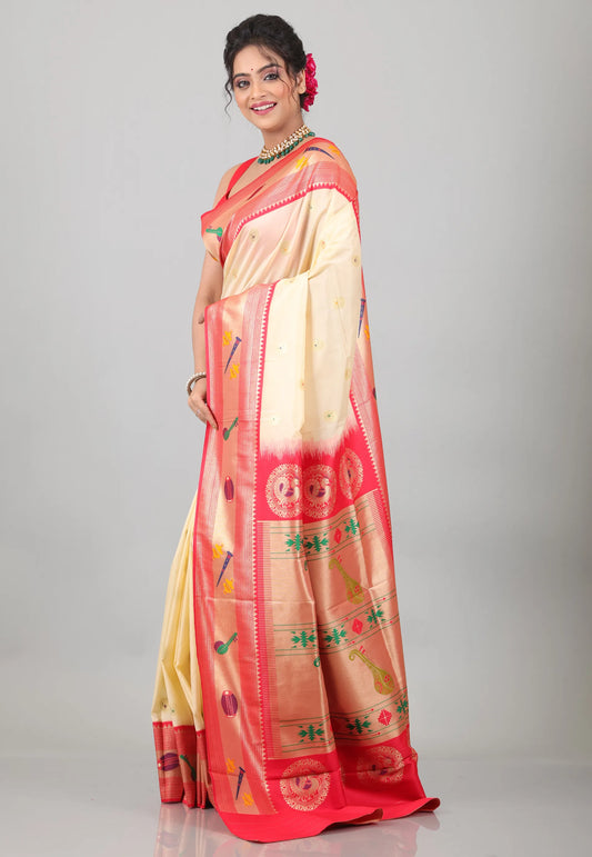 Beige with Red Resham Zari work Katan Silk Saree With Blouse Piece - Adi Akshoy & Co.