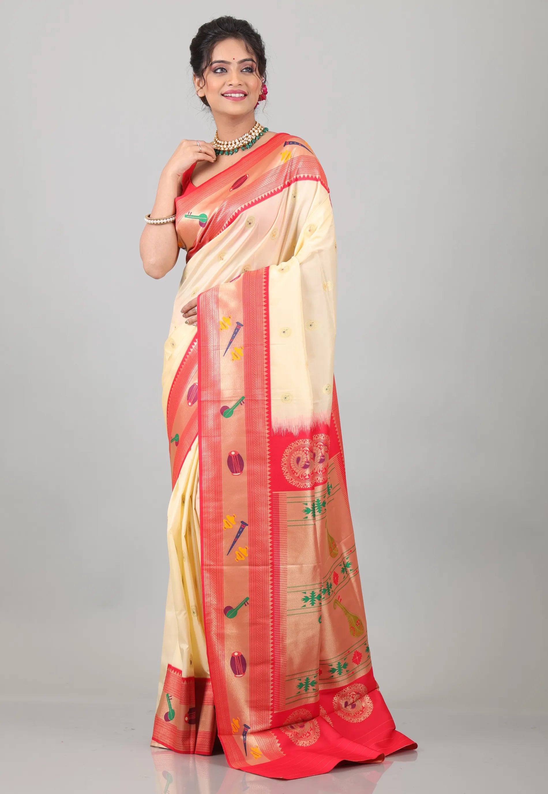 Beige with Red Resham Zari work Katan Silk Saree With Blouse Piece - Adi Akshoy & Co.
