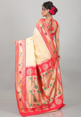 Beige with Red Resham Zari work Katan Silk Saree With Blouse Piece - Adi Akshoy & Co.