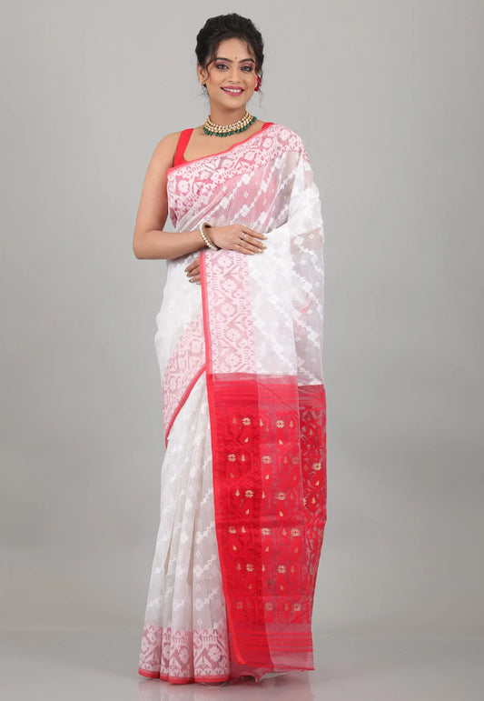 White with Red Anchal Dhakai Jamdani Cotton Saree without Blouse Piece