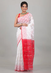 White with Red Anchal Dhakai Jamdani Cotton Saree without Blouse Piece