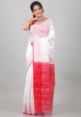 White with Red Anchal Dhakai Jamdani Cotton Saree without Blouse Piece