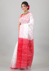 White with Red Anchal Dhakai Jamdani Cotton Saree without Blouse Piece