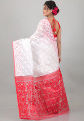 White with Red Anchal Dhakai Jamdani Cotton Saree without Blouse Piece