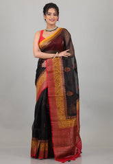 Black with Red-Yellow Border Pure Kora Silk Saree with Blouse Piece - Adi Akshoy & Co.