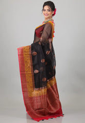 Black with Red-Yellow Border Pure Kora Silk Saree with Blouse Piece - Adi Akshoy & Co.