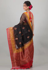 Black with Red-Yellow Border Pure Kora Silk Saree with Blouse Piece - Adi Akshoy & Co.