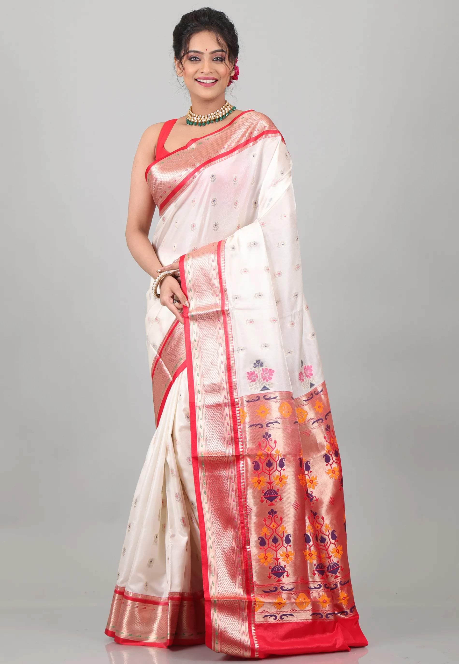 Off White with Red Border Katan Silk Saree With Blouse Piece - Adi Akshoy & Co.