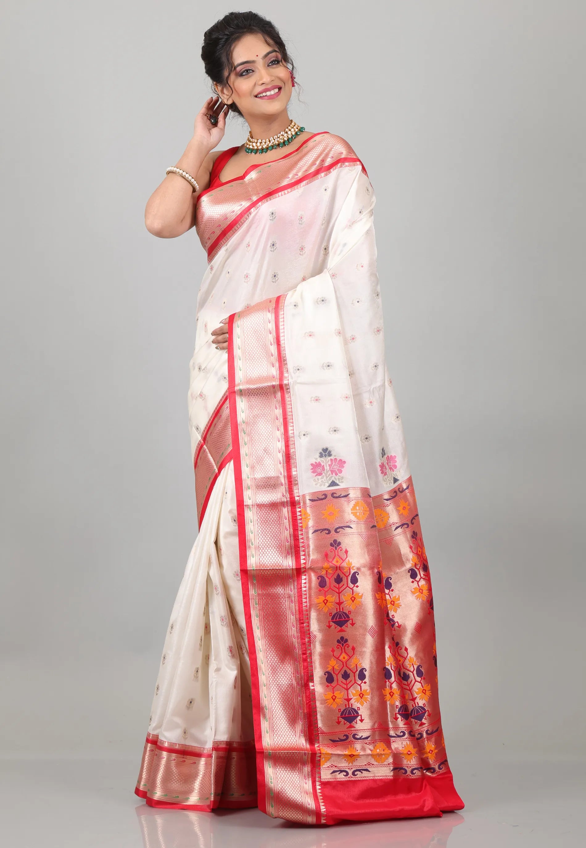 Off White with Red Border Katan Silk Saree With Blouse Piece - Adi Akshoy & Co.
