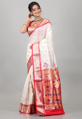 Off White with Red Border Katan Silk Saree With Blouse Piece - Adi Akshoy & Co.