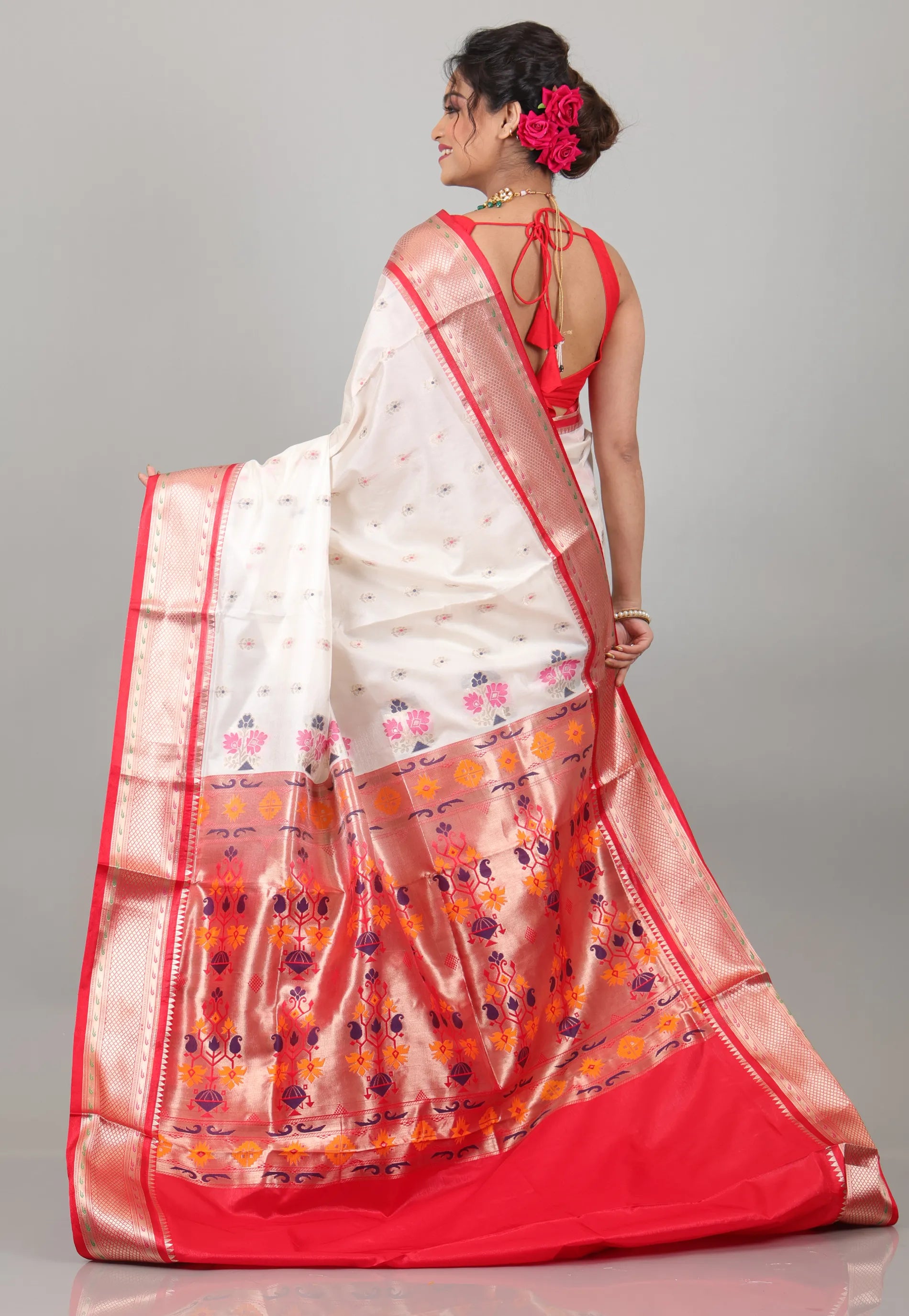 Off White with Red Border Katan Silk Saree With Blouse Piece - Adi Akshoy & Co.