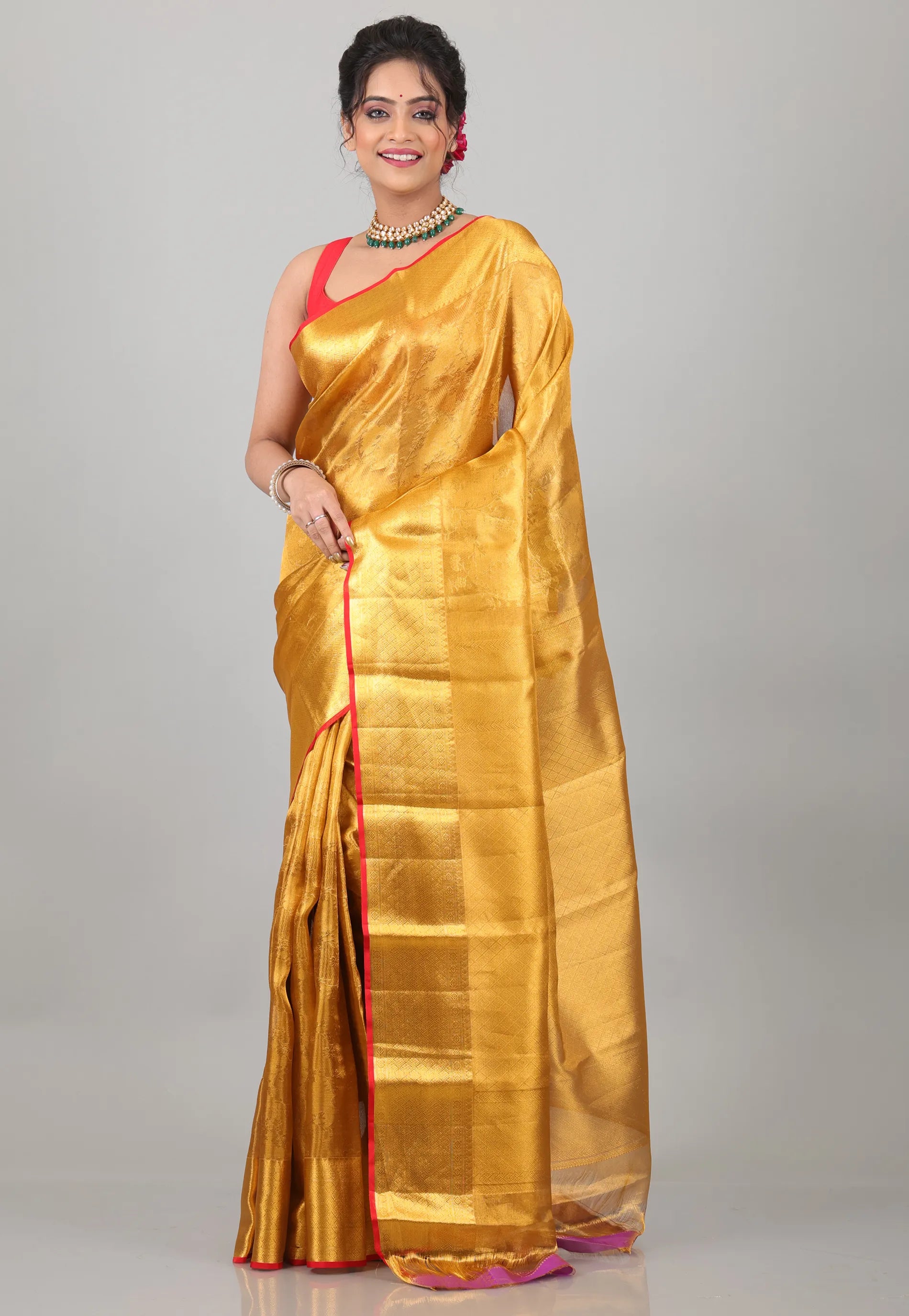 Golden Yellow Brocade Pure Tissue Kanjivaram Silk Saree With Blouse Piece - Adi Akshoy & Co.