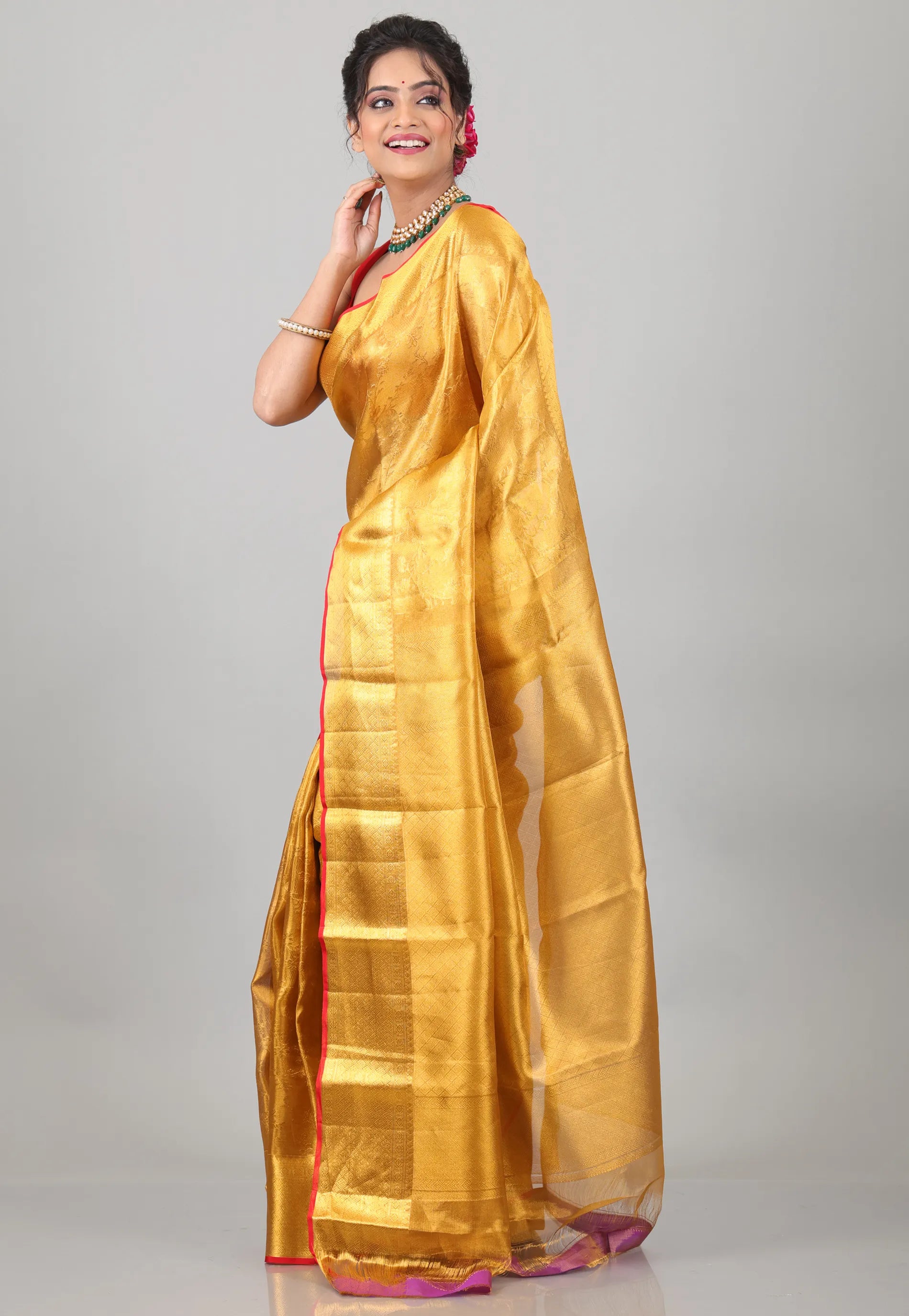 Golden Yellow Brocade Pure Tissue Kanjivaram Silk Saree With Blouse Piece - Adi Akshoy & Co.