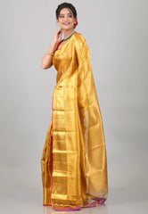 Golden Yellow Brocade Pure Tissue Kanjivaram Silk Saree With Blouse Piece - Adi Akshoy & Co.
