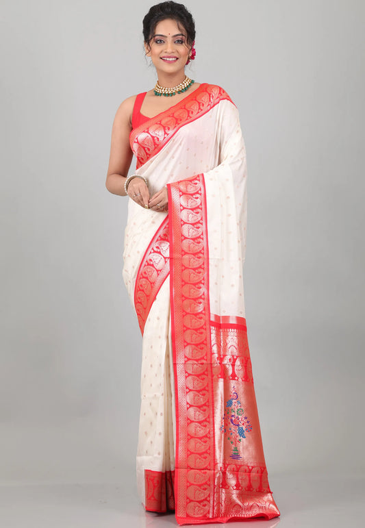 Off White with Red Border Katan Silk Saree With Blouse Piece - Adi Akshoy & Co.