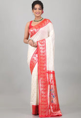 Off White with Red Border Katan Silk Saree With Blouse Piece - Adi Akshoy & Co.