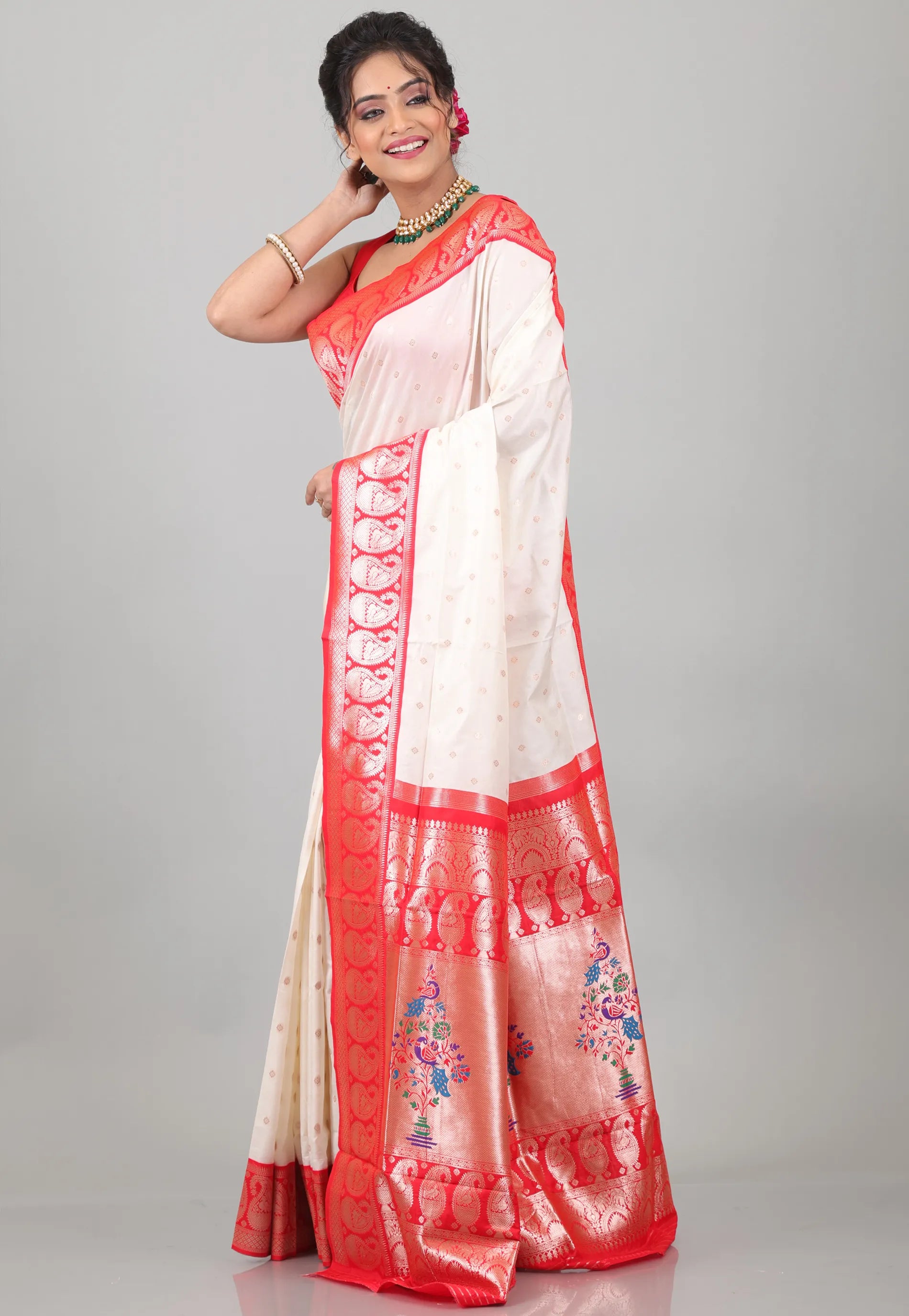 Off White with Red Border Katan Silk Saree With Blouse Piece - Adi Akshoy & Co.