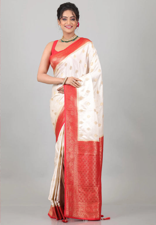 Off White with Red Mashru Silk Saree with Blouse Piece - Adi Akshoy & Co.