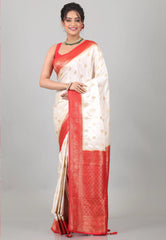 Off White with Red Mashru Silk Saree with Blouse Piece - Adi Akshoy & Co.