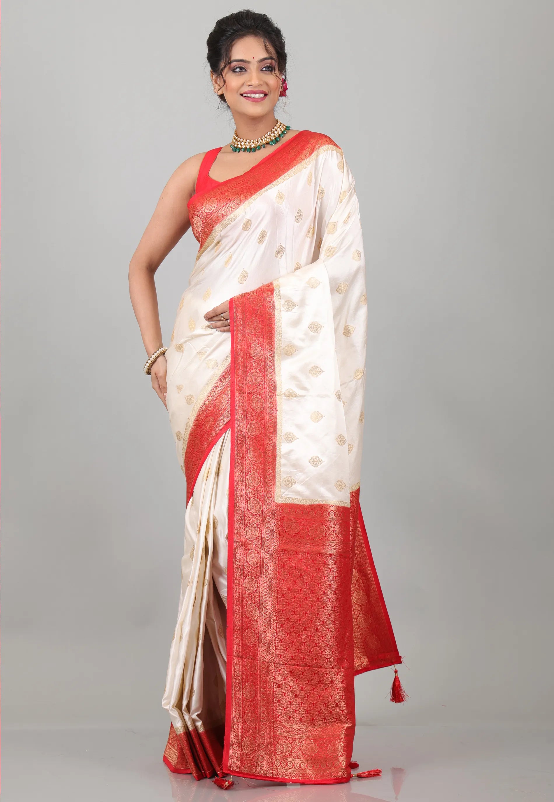 Off White with Red Mashru Silk Saree with Blouse Piece - Adi Akshoy & Co.