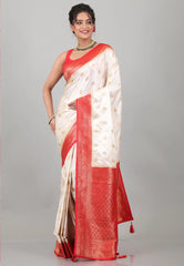 Off White with Red Mashru Silk Saree with Blouse Piece - Adi Akshoy & Co.